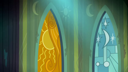 Size: 1280x720 | Tagged: safe, screencap, g4, power ponies (episode), season 4, background, castle of the royal pony sisters, curtains, liminal space, no pony, scenic ponyville, stained glass