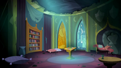 Size: 1280x720 | Tagged: safe, screencap, g4, power ponies (episode), season 4, background, book, bookshelf, castle of the royal pony sisters, comic book, liminal space, no pony, pedestral, pillow, power ponies, scenic ponyville