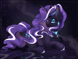 Size: 1920x1465 | Tagged: safe, artist:pvrii, nightmare rarity, pony, unicorn, g4, ear piercing, earring, female, jewelry, looking at you, lying down, mare, necklace, piercing, prone, solo, space