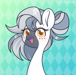 Size: 2097x2074 | Tagged: safe, artist:ninnydraws, oc, oc only, pony, artfight, bun, bust, female, freckles, high res, looking at you, mare, smiling, solo