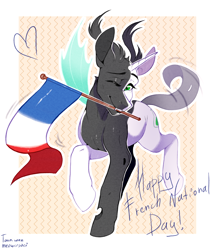 Size: 1400x1621 | Tagged: safe, artist:meowcephei, oc, oc:tounicoon, changeling, hybrid, pony, changeling oc, commission, flag, french, postcard, solo