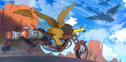 Size: 2530x1246 | Tagged: safe, artist:yakovlev-vad, oc, oc only, griffon, butt, cactus, chase, clothes, cloud, desert, futuristic, griffon oc, hoverbike, jacket, lacrimal caruncle, not gilda, patreon, patreon reward, plot, sky, solo, spread wings, stingray, wings