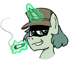 Size: 757x657 | Tagged: safe, artist:ore, oc, oc only, oc:garcello, pony, unicorn, cigarette, clothes, crossover, friday night funkin', grin, hat, magic, magic aura, male, ponified, smiling, smoke, smoking, solo