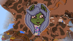 Size: 960x540 | Tagged: safe, artist:umbrapone, oc, pony, aerial view, blocks, blue mane, desert, green coat, happy, laughing, mesa, minecraft, pixel art, smiling, voxel art