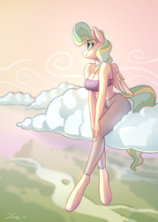 Size: 1595x2232 | Tagged: safe, artist:dandy, vapor trail, pegasus, anthro, unguligrade anthro, g4, breasts, busty vapor trail, cleavage, clothes, cloud, eye clipping through hair, eyebrows, eyebrows visible through hair, female, midriff, pants, smiling, solo, sports bra, sweatpants, tube top, wings