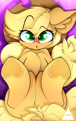 Size: 2894x4592 | Tagged: safe, artist:ahekao, applejack, earth pony, pony, g4, :o, blushing, cute, ear fluff, featureless crotch, female, floppy ears, freckles, human shoulders, jackabetes, looking at you, mare, open mouth, solo