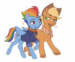 Size: 2968x2432 | Tagged: safe, artist:cass_a_rollie, applejack, rainbow dash, earth pony, pegasus, pony, g4, the last problem, clothes, digital art, eyebrows, female, folded wings, freckles, granny smith's shawl, grin, hair bun, heart, high res, jacket, lesbian, looking at each other, mare, older, older appledash, older applejack, older rainbow dash, open mouth, open smile, raised hoof, ship:appledash, shipping, short hair, side by side, simple background, smiling, smiling at each other, sweater, turtleneck, unshorn fetlocks, walking, white background, wings