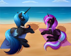 Size: 4293x3357 | Tagged: safe, artist:starshade, oc, oc only, oc:ebony nightshade, oc:harmonic melodia, alicorn, pony, 2021, alicorn oc, barrette, blue eyes, blue hair, commission, cute, female, heart, heart eyes, horn, jewelry, lightly watermarked, lying down, mare, necklace, ocean, open mouth, prone, purple hair, red eyes, seashore, smiling, summer, watermark, wingding eyes, wings