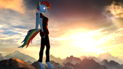 Size: 1920x1080 | Tagged: safe, artist:backmaker, rainbow dash, pegasus, anthro, unguligrade anthro, g4, 3d, alternate hairstyle, clothes, cloud, female, fingerless gloves, gloves, mountain, sky, solo, source filmmaker