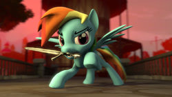 Size: 1280x720 | Tagged: safe, artist:rogerdaily, rainbow dash, pegasus, pony, g4, 3d, looking at you, mouth hold, raised hoof, solo, source filmmaker, sword, weapon