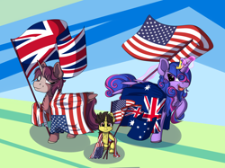 Size: 2988x2236 | Tagged: safe, artist:shadowblazearts, oc, oc:king speedy hooves, oc:queen galaxia (bigonionbean), oc:tommy the human, alicorn, pony, adorable face, alicorn oc, alicorn princess, australia, blanket, child, colt, commissioner:bigonionbean, crown, cute, daaaaaaaaaaaw, family, family photo, father and child, father and son, female, flag, flag waving, fusion, fusion:big macintosh, fusion:flash sentry, fusion:princess cadance, fusion:princess celestia, fusion:princess luna, fusion:shining armor, fusion:trouble shoes, fusion:twilight sparkle, great britain, high res, horn, husband and wife, jewelry, male, mare, mother and child, mother and son, patriotic, patriotism, pride, regalia, stallion, star spangled banner, union jack, united kingdom, united states, wings, writer:bigonionbean
