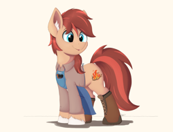Size: 3800x2900 | Tagged: safe, artist:arcane-thunder, oc, oc only, oc:cottonwood kindle, earth pony, pony, apron, boots, clothes, ear fluff, gift art, happy, high res, long sleeves, male, open mouth, shirt, shoes, simple background, solo, stallion, standing, unshorn fetlocks