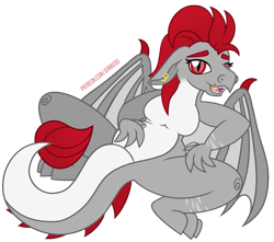 Size: 905x800 | Tagged: safe, artist:jennieoo, oc, oc only, oc:ruby, dragon, anthro, piercing, show accurate, simple background, smiling, solo, spread legs, spread wings, spreading, transparent background, vector, wings