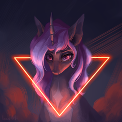 Size: 2400x2400 | Tagged: safe, artist:miurimau, oc, oc only, oc:nebula mist, pony, unicorn, fallout equestria, bust, cloud, commission, female, high res, horn, long hair, mare, multicolored hair, multicolored mane, painting, portrait, solo, triangle, unicorn oc