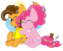 Size: 1217x975 | Tagged: safe, artist:sugarcloud12, cheese sandwich, pinkie pie, pony, g4, female, hug, male, older, older cheese sandwich, older cheesepie, older pinkie pie, ship:cheesepie, shipping, simple background, straight, transparent background