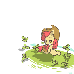 Size: 1024x1024 | Tagged: safe, artist:uneet, apple bloom, earth pony, pony, g4, clover, female, filly, grin, hat, smiling, solo