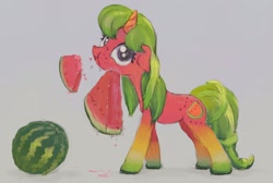 Size: 1832x1234 | Tagged: safe, artist:mandumustbasukanemen, oc, oc only, pony, unicorn, eating, food, fruit, gradient hooves, herbivore, messy eating, simple background, solo, unshorn fetlocks, watermelon