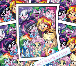 Size: 800x693 | Tagged: safe, artist:marybellamy, applejack, fluttershy, pinkie pie, rainbow dash, rarity, sci-twi, spike, spike the regular dog, sunset shimmer, twilight sparkle, dog, human, equestria girls, g4, best friends forever, deviantart watermark, eyebrows, eyebrows visible through hair, eyes closed, grin, group photo, group shot, humane five, humane seven, humane six, obtrusive watermark, one eye closed, open mouth, open smile, photo, smiling, watermark