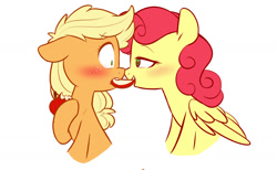 Size: 1280x786 | Tagged: safe, artist:chub-wub, applejack, strawberry sunrise, earth pony, pegasus, pony, g4, apple, apple slice, bedroom eyes, blushing, boop, cute, duo, female, flustered, food, freckles, jackabetes, lesbian, looking at each other, mare, noseboop, sharing food, ship:applerise, shipping, simple background, strawwberry sunrise, white background