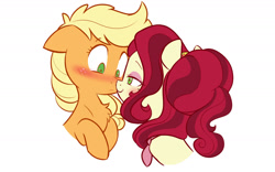 Size: 1280x798 | Tagged: safe, artist:chub-wub, applejack, cherry jubilee, earth pony, pony, g4, bedroom eyes, blushing, boop, cute, eyeshadow, female, freckles, jackabetes, jubibetes, lesbian, looking at each other, makeup, mare, noseboop, ship:cherryjack, shipping, simple background, white background
