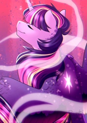Size: 2480x3507 | Tagged: safe, artist:silentwolf-oficial, part of a set, twilight sparkle, alicorn, pony, g4, abstract background, eyes closed, female, high res, mare, nose in the air, smiling, solo, twilight sparkle (alicorn)