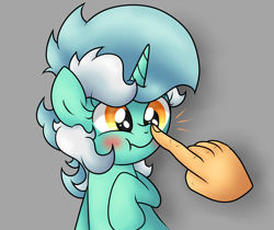 Size: 2406x2024 | Tagged: safe, artist:background basset, lyra heartstrings, pony, unicorn, g4, blushing, boop, bust, gray background, hand, high res, simple background, solo