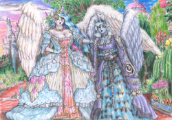 Size: 4625x3242 | Tagged: safe, artist:lubronyr, princess celestia, princess luna, alicorn, anthro, g4, breasts, cleavage, clothes, dress, duo, female, gloves, hand on shoulder, high res, mare, one wing out, outdoors, royal sisters, royalty, s1 luna, siblings, sisters, traditional art, wings