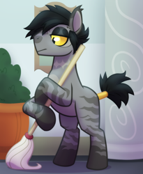 Size: 2048x2500 | Tagged: safe, artist:whitequartztheartist, oc, oc only, oc:doomsparkle, earth pony, pony, bipedal, cleaning, high res, male, school of friendship, solo, yellow eyes