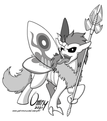Size: 1000x1129 | Tagged: safe, artist:omny87, oc, oc only, oc:dust, changeling, moth, mothling, original species, glaive, monochrome, polearm, tongue out, weapon
