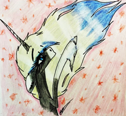 Size: 2380x2187 | Tagged: safe, artist:beamybutt, oc, oc only, pony, unicorn, bust, eyelashes, female, high res, hoof fluff, horn, looking up, mare, signature, solo, stars, traditional art, unicorn oc