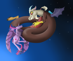 Size: 2325x1932 | Tagged: safe, artist:schokocream, discord, twilight sparkle, alicorn, draconequus, pony, g4, duo, female, flying, grin, horn, male, mare, night, smiling, stars, twilight sparkle (alicorn), wings
