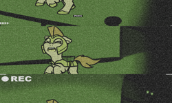 Size: 1632x981 | Tagged: safe, artist:neuro, oc, earth pony, ghost, pony, undead, camera, comic, female, guardsmare, malfunction, mare, night vision, offscreen character, panic, pov, royal guard, running, the backrooms, this will end in death, this will end in tears, this will end in tears and/or death