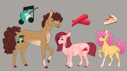 Size: 2680x1501 | Tagged: safe, artist:bluet0ast, li'l cheese, oc, earth pony, pony, g4, the last problem, chest fluff, concave belly, earth pony oc, female, gray background, height difference, male, mare, offspring, parent:cheese sandwich, parent:pinkie pie, parents:cheesepie, physique difference, raised hoof, simple background, slender, smiling, stallion, thin