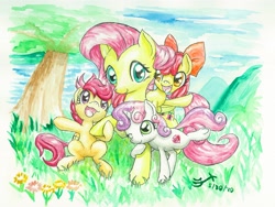 Size: 4189x3142 | Tagged: safe, artist:michiito, apple bloom, fluttershy, scootaloo, sweetie belle, earth pony, pegasus, pony, unicorn, g4, adorabloom, cute, cutealoo, cutie mark crusaders, daaaaaaaaaaaw, diasweetes, flower, one eye closed, open mouth, open smile, shyabetes, smiling, traditional art, tree, watercolor painting