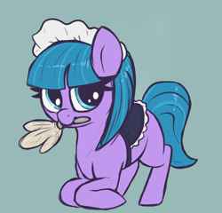 Size: 2166x2082 | Tagged: safe, artist:t72b, tote bag (g4), earth pony, pony, g4, clothes, cute, duster, high res, kneeling, maid, maid headdress, mouth hold, simple background, solo