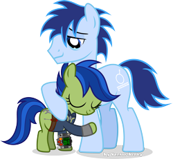 Size: 3367x3116 | Tagged: safe, artist:vector-brony, oc, oc only, oc:p-21, oc:scotch tape, fallout equestria, fallout equestria: project horizons, g4, clothes, crying, fanfic art, father and child, father and daughter, female, filly, high res, hug, jumpsuit, male, pipbuck, simple background, stallion, transparent background, vault suit