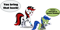 Size: 6006x3084 | Tagged: safe, artist:vector-brony, oc, oc only, oc:blackjack, oc:scotch tape, cyborg, earth pony, pony, unicorn, fallout equestria, fallout equestria: project horizons, g4, absurd resolution, amputee, cybernetic legs, dialogue, duo, duo female, earth pony oc, fanfic art, female, filly, frown, horn, level 1 (project horizons), mare, simple background, talking, transparent background, unicorn oc, vector