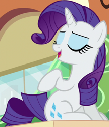 Size: 896x1036 | Tagged: safe, screencap, rarity, pony, unicorn, g4, season 6, the gift of the maud pie, cropped, eyes closed, female, mare, open mouth, raised hoof, sitting, solo, train