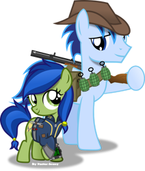 Size: 1024x1205 | Tagged: safe, artist:vector-brony, oc, oc only, oc:p-21, oc:scotch tape, fallout equestria, fallout equestria: project horizons, g4, fanfic art, father and child, father and daughter, female, grenade, gun, male, persuasion (p-21's rifle), pipbuck, simple background, transparent background, weapon
