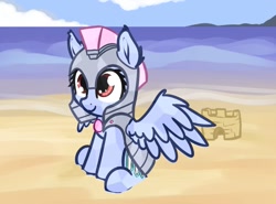 Size: 680x504 | Tagged: safe, artist:neuro, crystal pony, pegasus, pony, beach, feathered wings, female, guardsmare, mare, royal guard, sandcastle, smiling, solo, spread wings, wings
