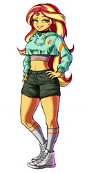 Size: 757x1468 | Tagged: safe, artist:nairdags, sunset shimmer, equestria girls, belly button, choker, clothes, converse, cropped hoodie, dreamworks face, ear piercing, female, hand on hip, hoodie, legs, lidded eyes, looking at you, midriff, piercing, shirt, shoes, short shirt, shorts, simple background, smiling, sneakers, socks, solo, thighs, white background