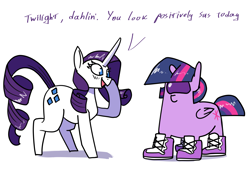 Size: 3508x2480 | Tagged: safe, artist:underpable, rarity, twilight sparkle, alicorn, pony, unicorn, g4, amogus, among us, clothes, crewmate (among us), duo, female, high res, impostor (among us), mare, meme, shoes, simple background, sus (among us), suspicious, swag, twilight sparkle (alicorn), white background