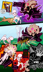 Size: 1700x2835 | Tagged: safe, artist:thescornfulreptilian, fhtng th§ ¿nsp§kbl, oleander (tfh), pom (tfh), velvet (tfh), classical unicorn, pony, sheep, unicorn, them's fightin' herds, cloven hooves, comic, community related, friendly fire, headbutt, horn, leonine tail, realization, squashed