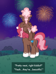 Size: 1900x2500 | Tagged: safe, artist:pink-pone, oc, oc only, oc:ginger bread, oc:peppermint patty, pegasus, pony, female, filly, fireworks, mare