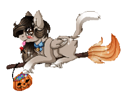 Size: 300x235 | Tagged: safe, artist:inspiredpixels, oc, oc only, pony, animated, blushing, broom, candy, flying, flying broomstick, food, gif, halloween, holiday, looking at you, profile, simple background, solo, transparent background