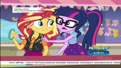 Size: 1080x607 | Tagged: safe, screencap, sci-twi, sunset shimmer, twilight sparkle, equestria girls, equestria girls series, g4, rollercoaster of friendship, bowtie, clothes, cutie mark on clothes, female, geode of empathy, geode of telekinesis, indonesia, jacket, jewelry, leather, leather jacket, magical geodes, necklace, open mouth, ponytail, rajawali televisi, rtv, wrong aspect ratio