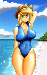 Size: 1200x1900 | Tagged: safe, artist:zachc, applejack, equestria girls, g4, arm behind back, arm behind head, beach, big breasts, breasts, busty applejack, cleavage, clothes, female, freckles, hat, hip freckles, looking at you, one-piece swimsuit, solo, swimsuit