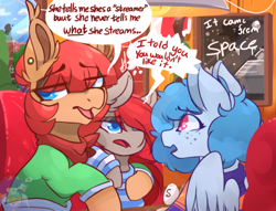 Size: 1212x926 | Tagged: safe, artist:drawtheuniverse, oc, oc only, oc:ponepony, oc:scarlet topaz, earth pony, pegasus, pony, annoyed, clothes, dialogue, ear fluff, ear piercing, earring, eyeshadow, female, freckles, jewelry, makeup, mother and child, mother and daughter, piercing, sweater