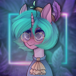 Size: 768x768 | Tagged: safe, artist:eggguy, oc, oc only, oc:taishi, pony, unicorn, clothes, commission, glasses, hat, horn, plant, round glasses, solo, unicorn oc, ych result
