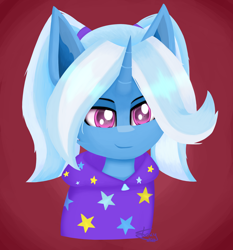 Size: 2414x2589 | Tagged: safe, artist:toxinagraphica, trixie, pony, unicorn, g4, alternate hairstyle, babysitter trixie, bust, cheek fluff, clothes, cute, female, fluffy, high res, hoodie, lineless, mare, portrait, red background, simple background, smiling, solo, stars